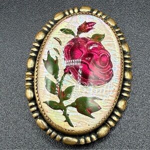 Antique Goofus Glass Handpainted Rose Brooch with Goldtone Trim Victorian Style